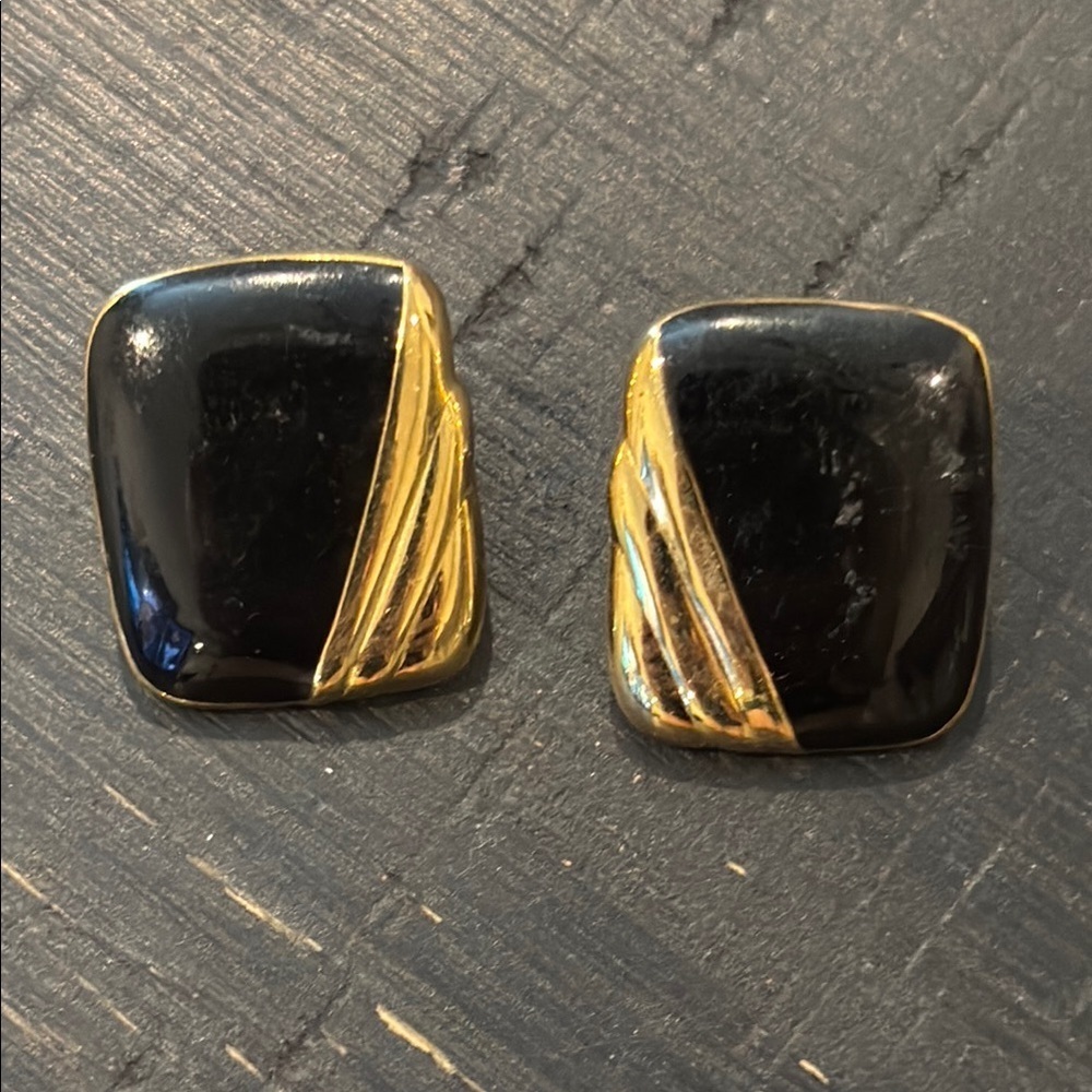 Vintage Napier Earrings Gold Tone Black Enamel Clip on Statement Signed